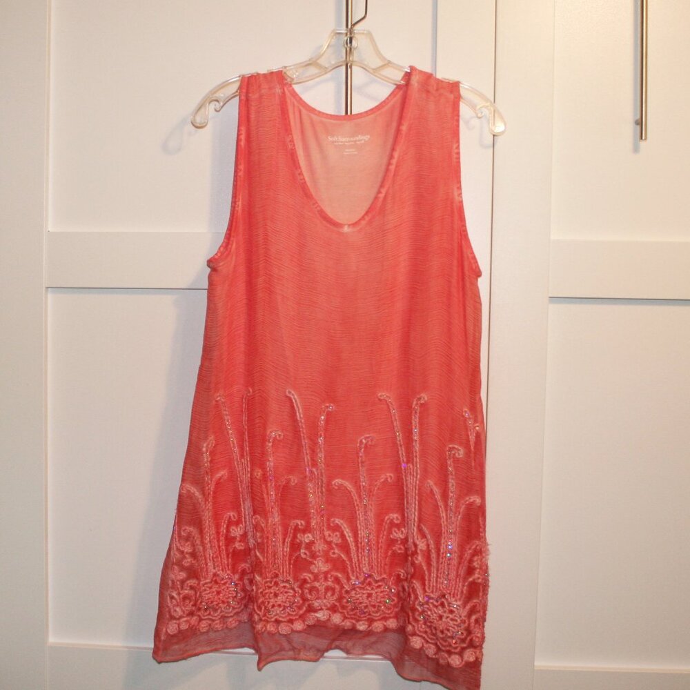 Soft Surroundings Silk Embroidered & Sequins Coral/Peach Tunic Tank Sz. M